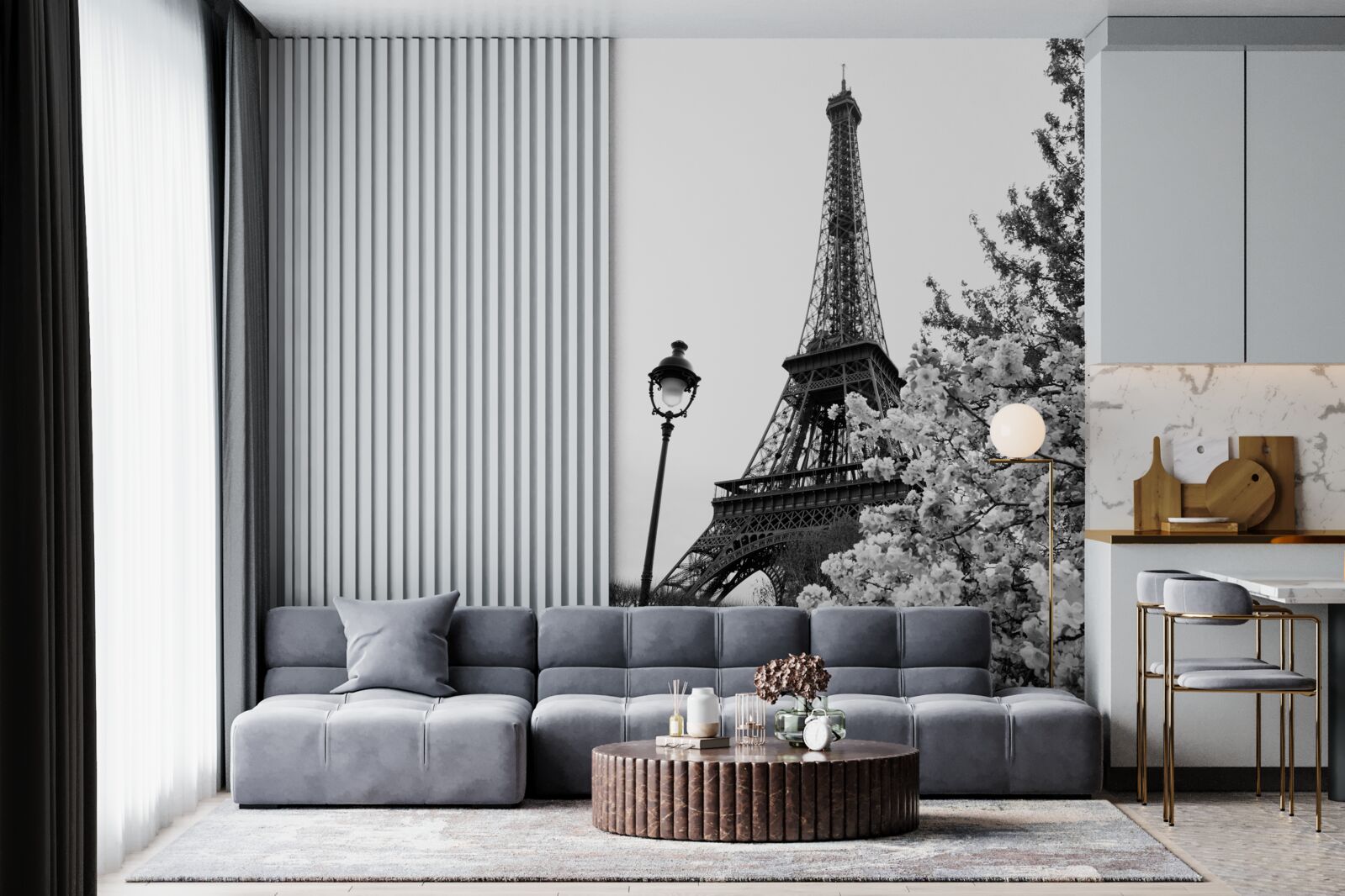 Papier peint tour eiffel en noir et blanc