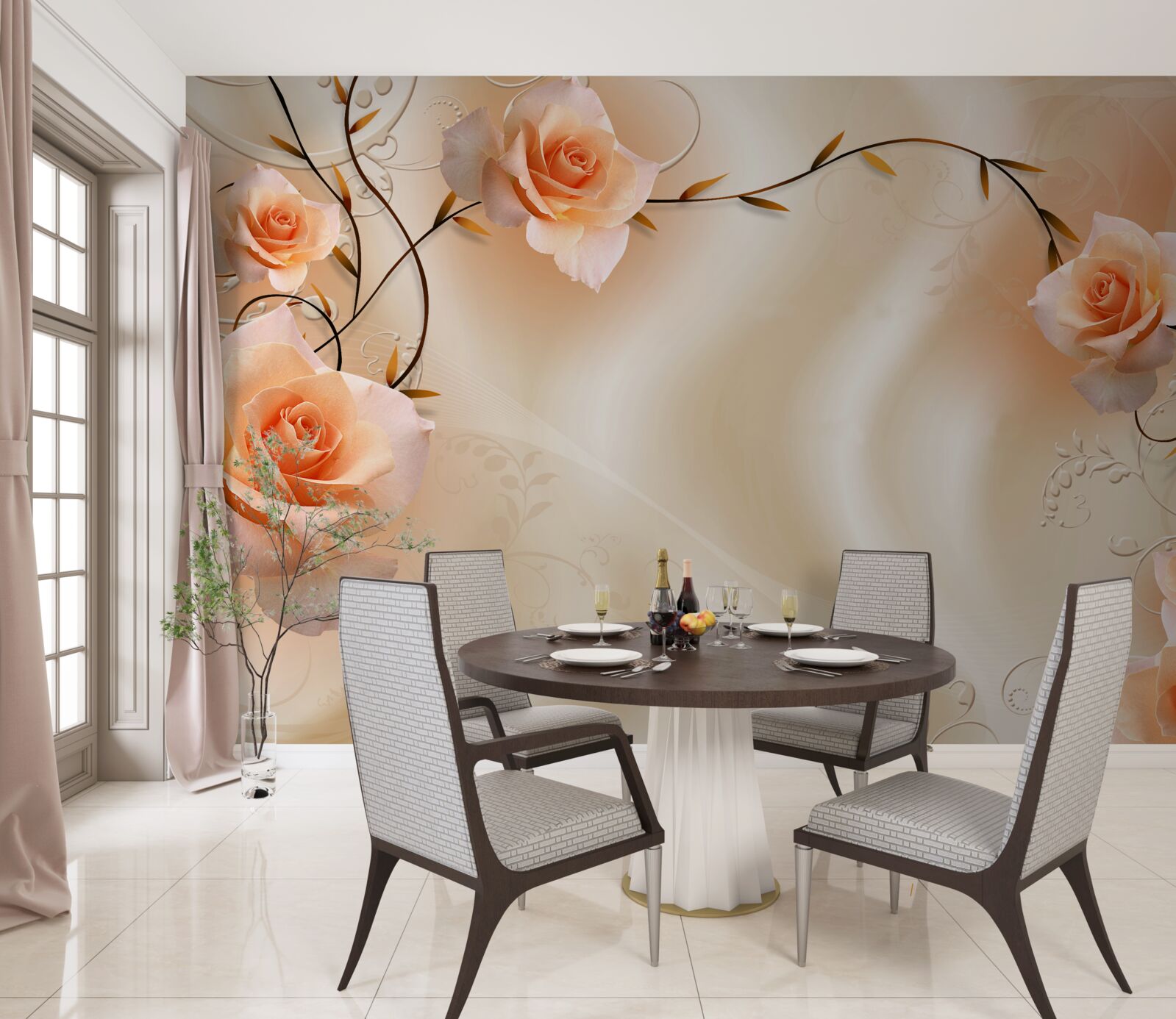 Papier peint rose de couleur pêche sur branches et soie