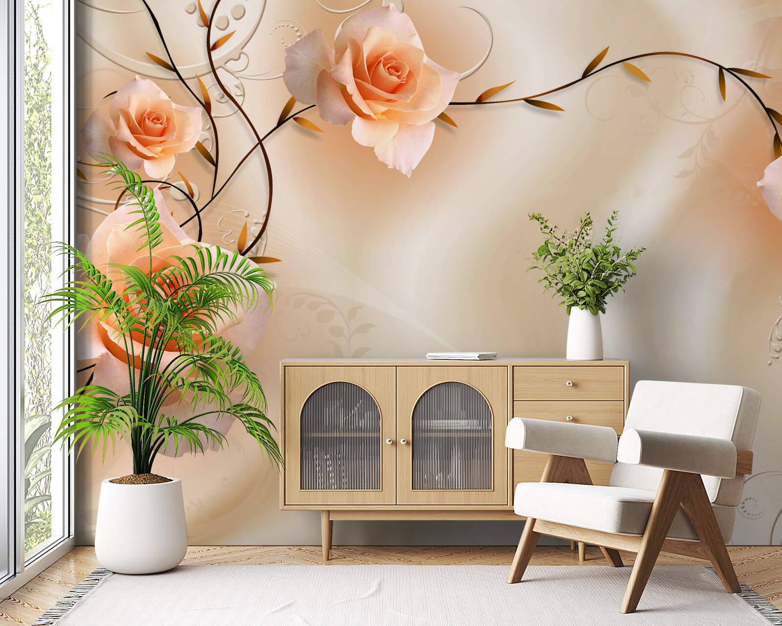 Papier peint rose de couleur pêche sur branches et soie