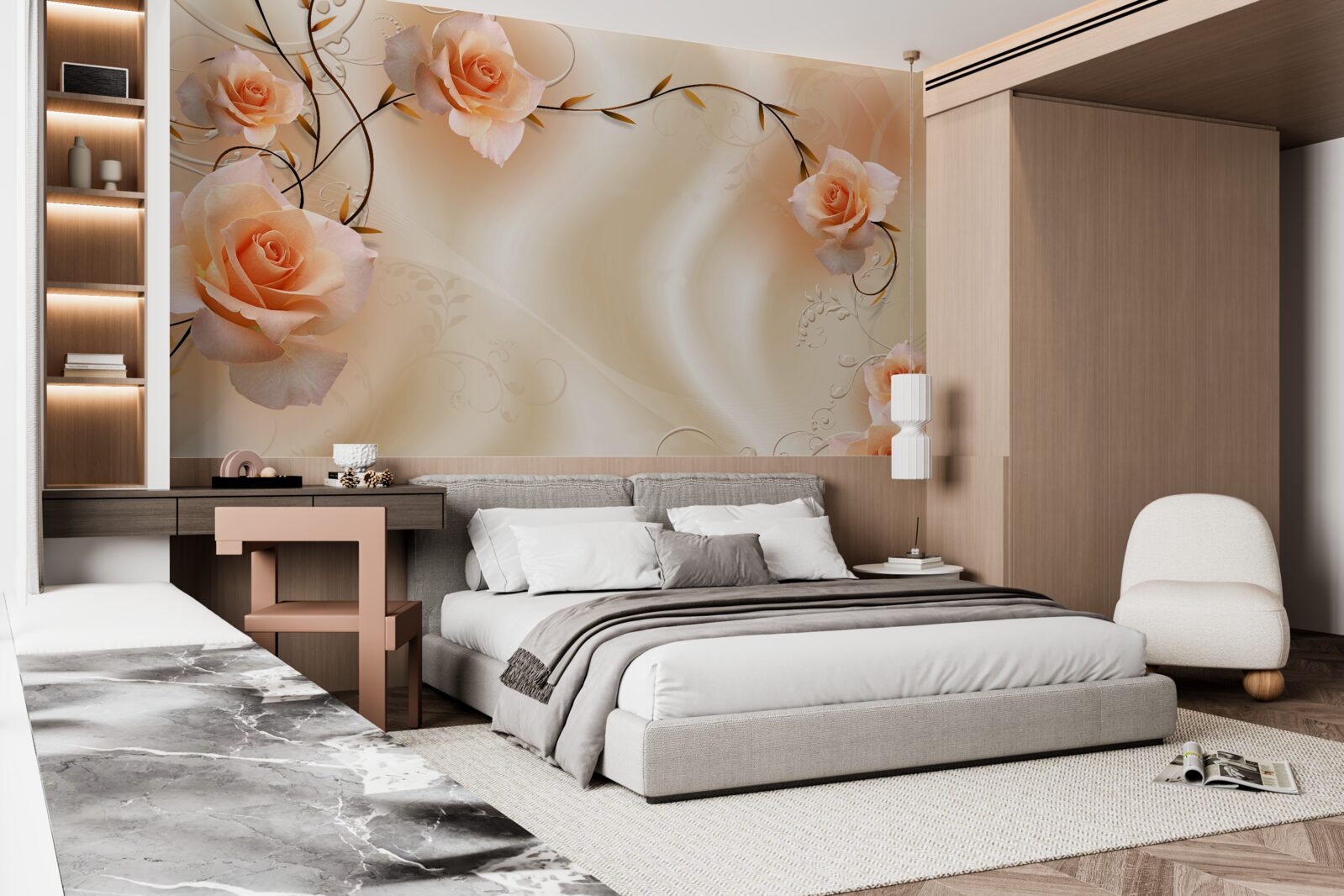 Papier peint rose de couleur pêche sur branches et soie