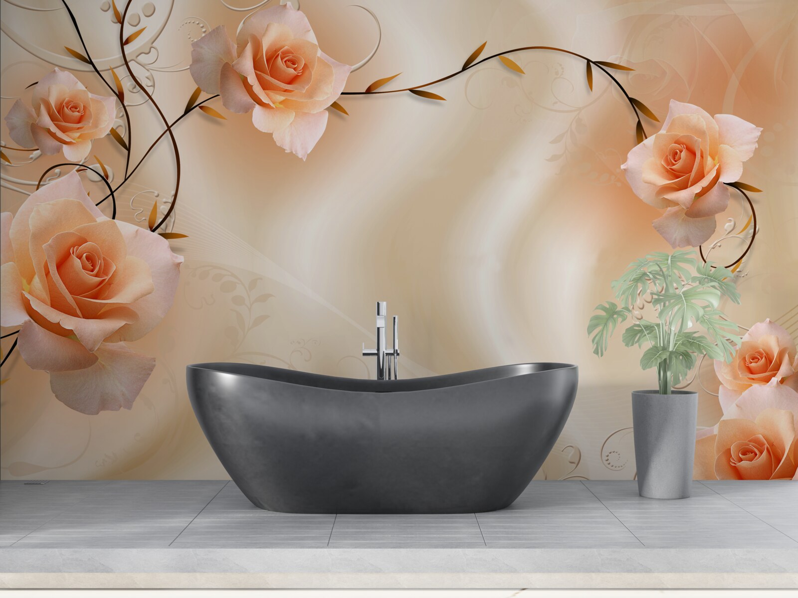 Papier peint rose de couleur pêche sur branches et soie