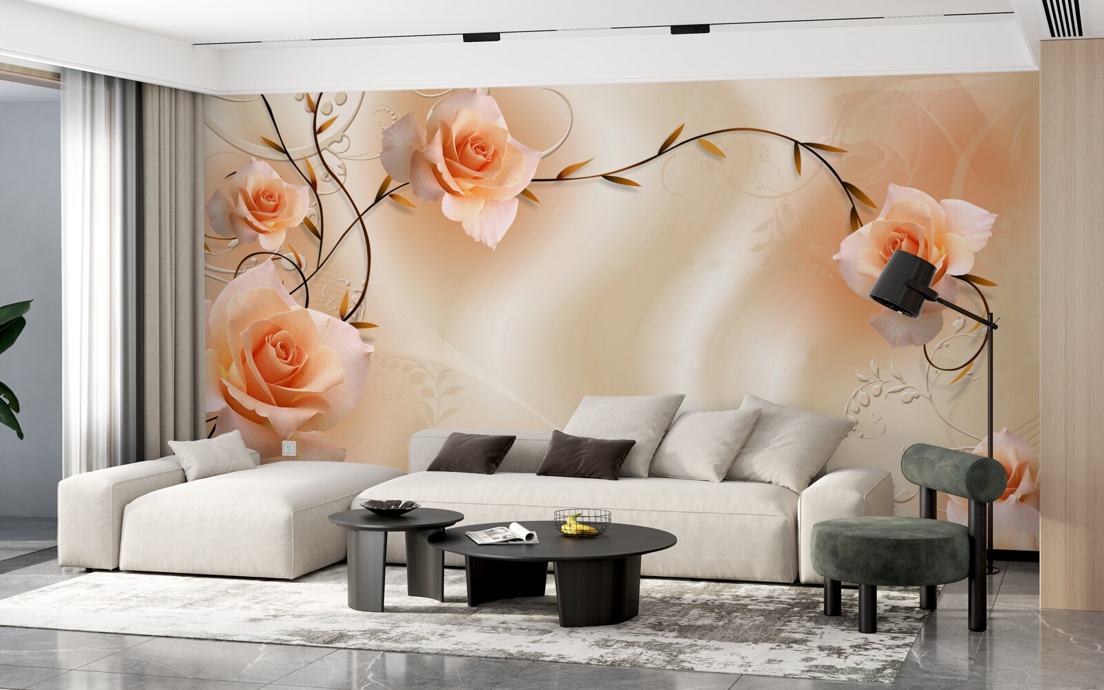 Papier peint rose de couleur pêche sur branches et soie