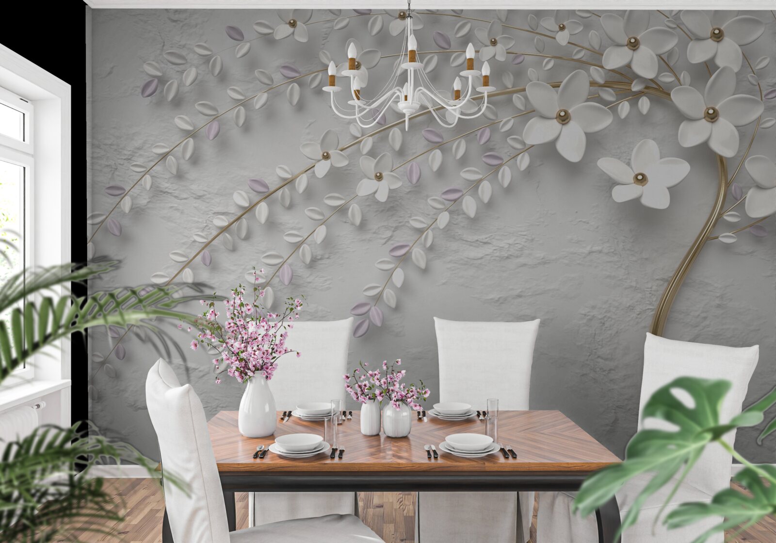 Papier peint arbre de printemps décoré de fleurs blanches