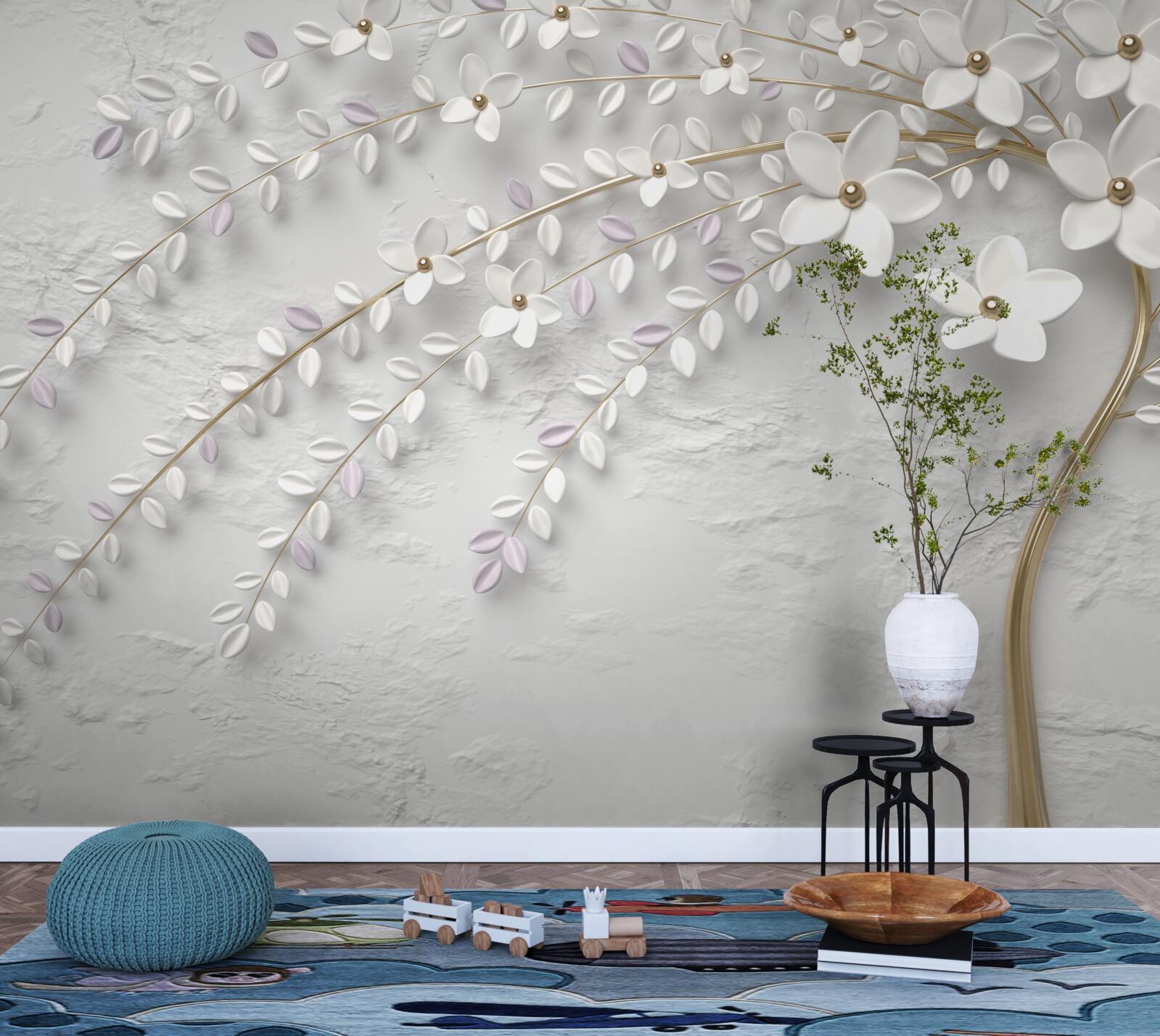 Papier peint arbre de printemps décoré de fleurs blanches