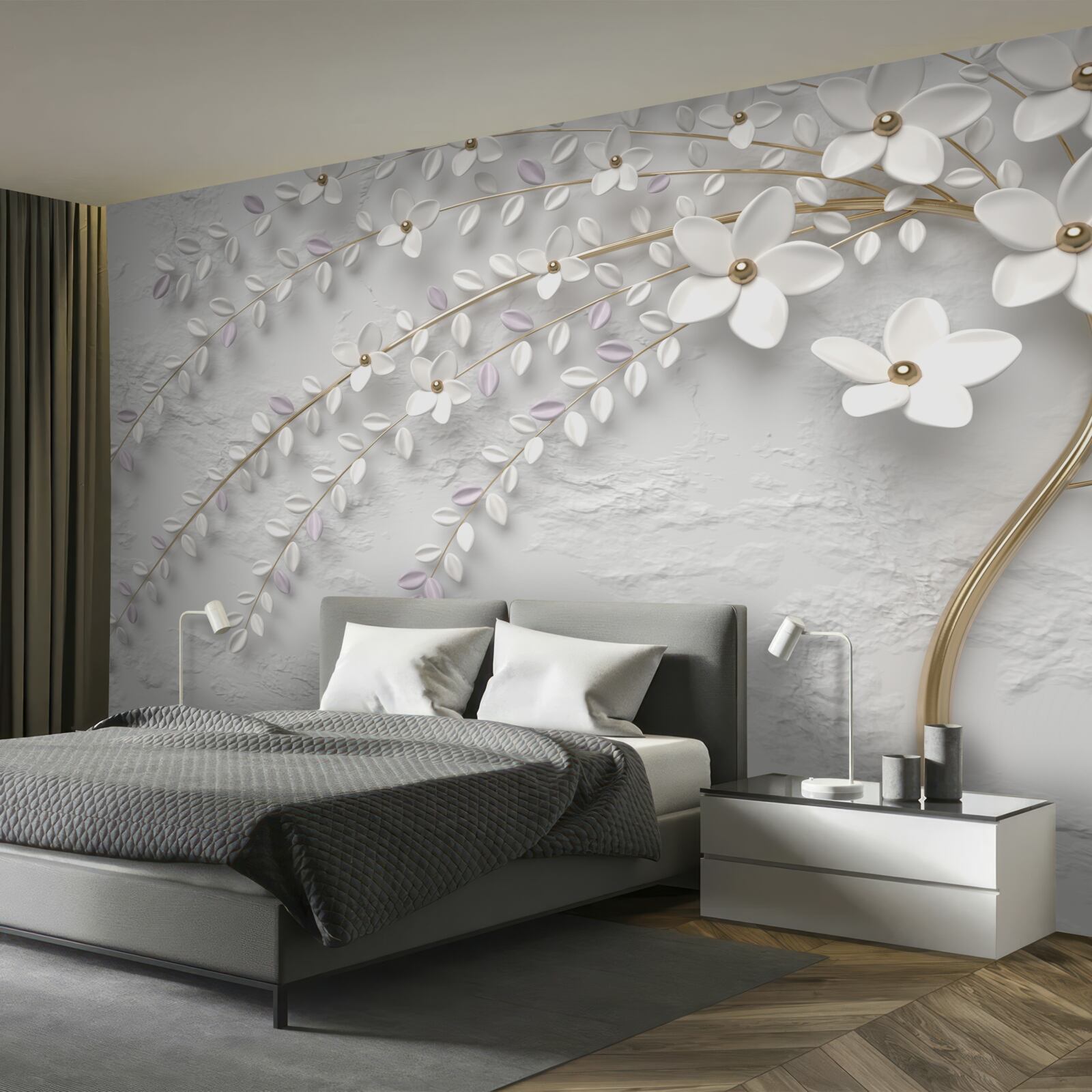 Papier peint arbre de printemps décoré de fleurs blanches