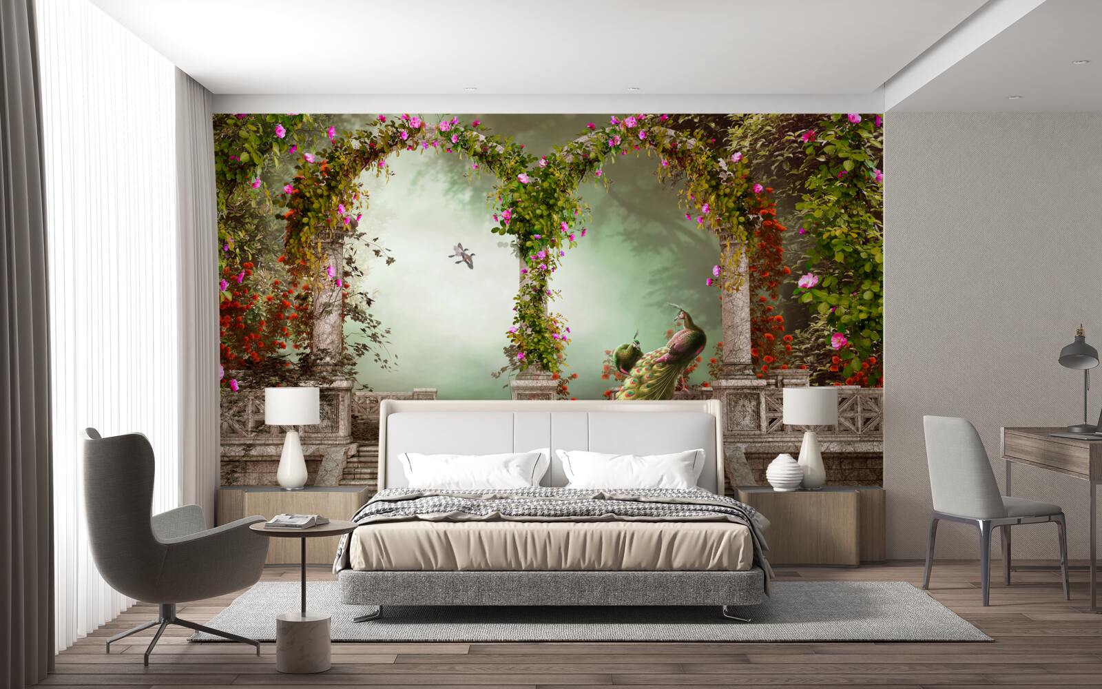 Papier peint paon dans des arches vertes couvertes de feuilles