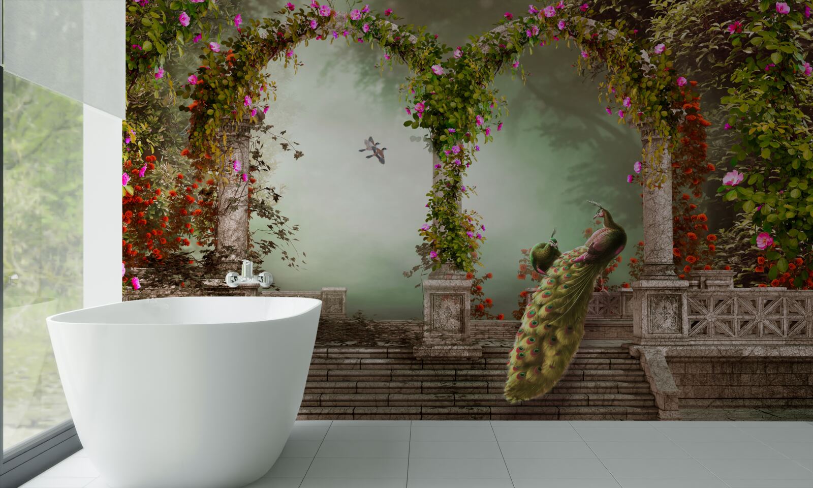 Papier peint paon dans des arches vertes couvertes de feuilles