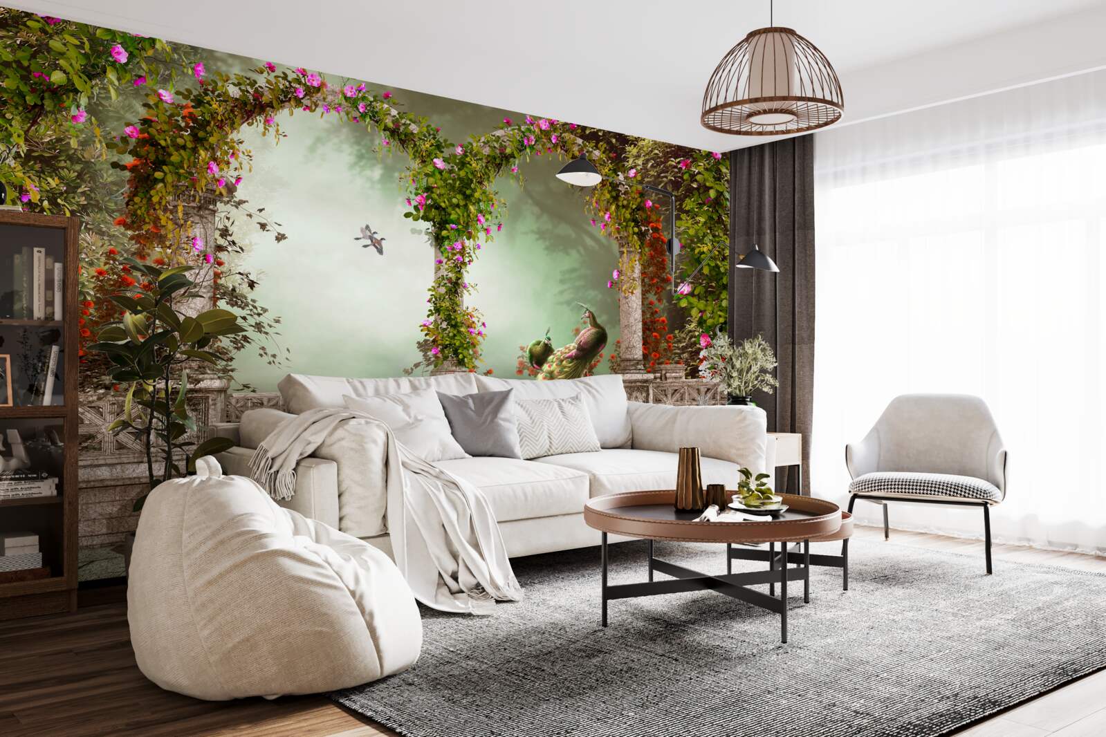 Papier peint paon dans des arches vertes couvertes de feuilles