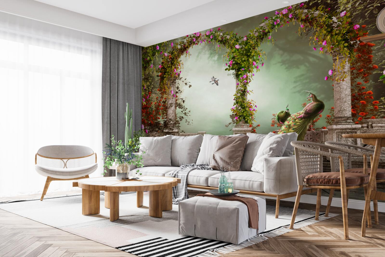 Papier peint paon dans des arches vertes couvertes de feuilles