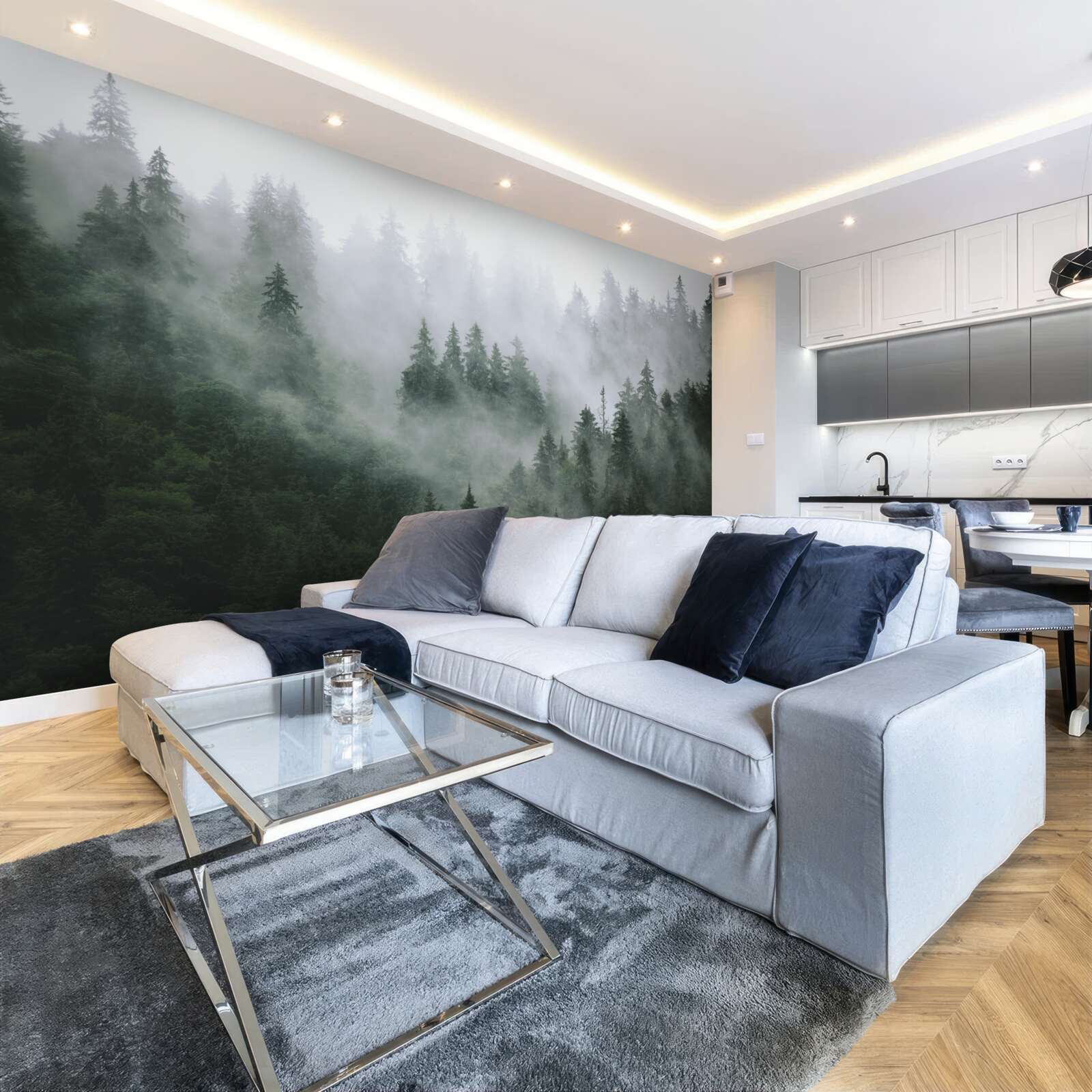 Papier peint lisière brumeuse d'une forêt de conifères