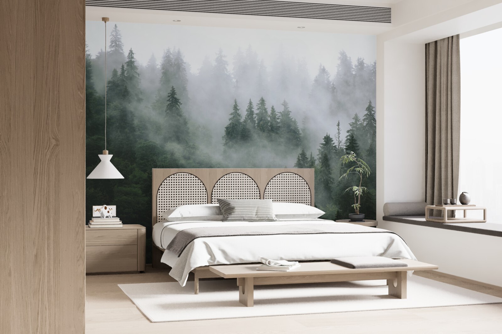 Papier peint lisière brumeuse d'une forêt de conifères