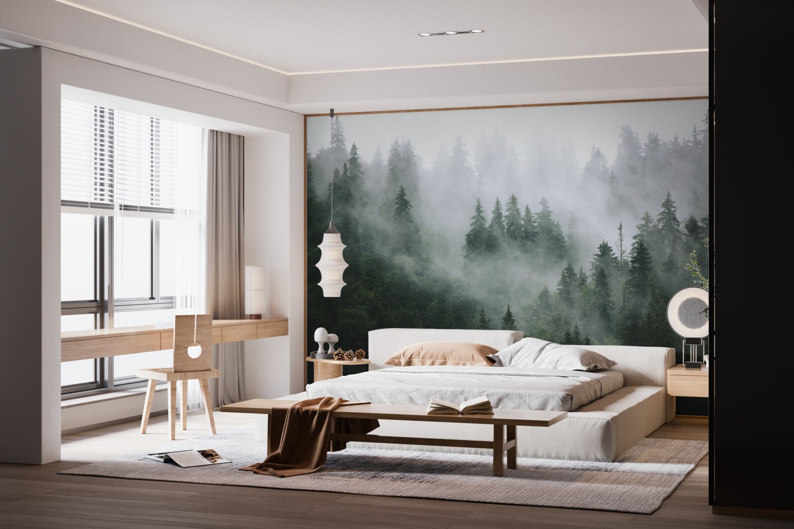 Papier peint lisière brumeuse d'une forêt de conifères