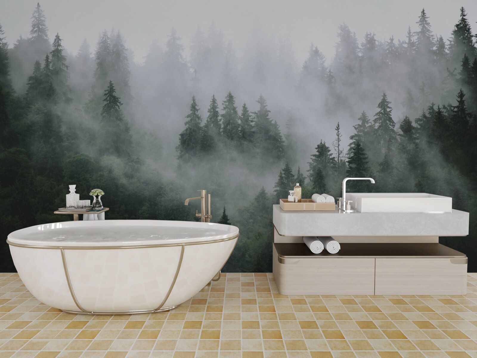 Papier peint lisière brumeuse d'une forêt de conifères