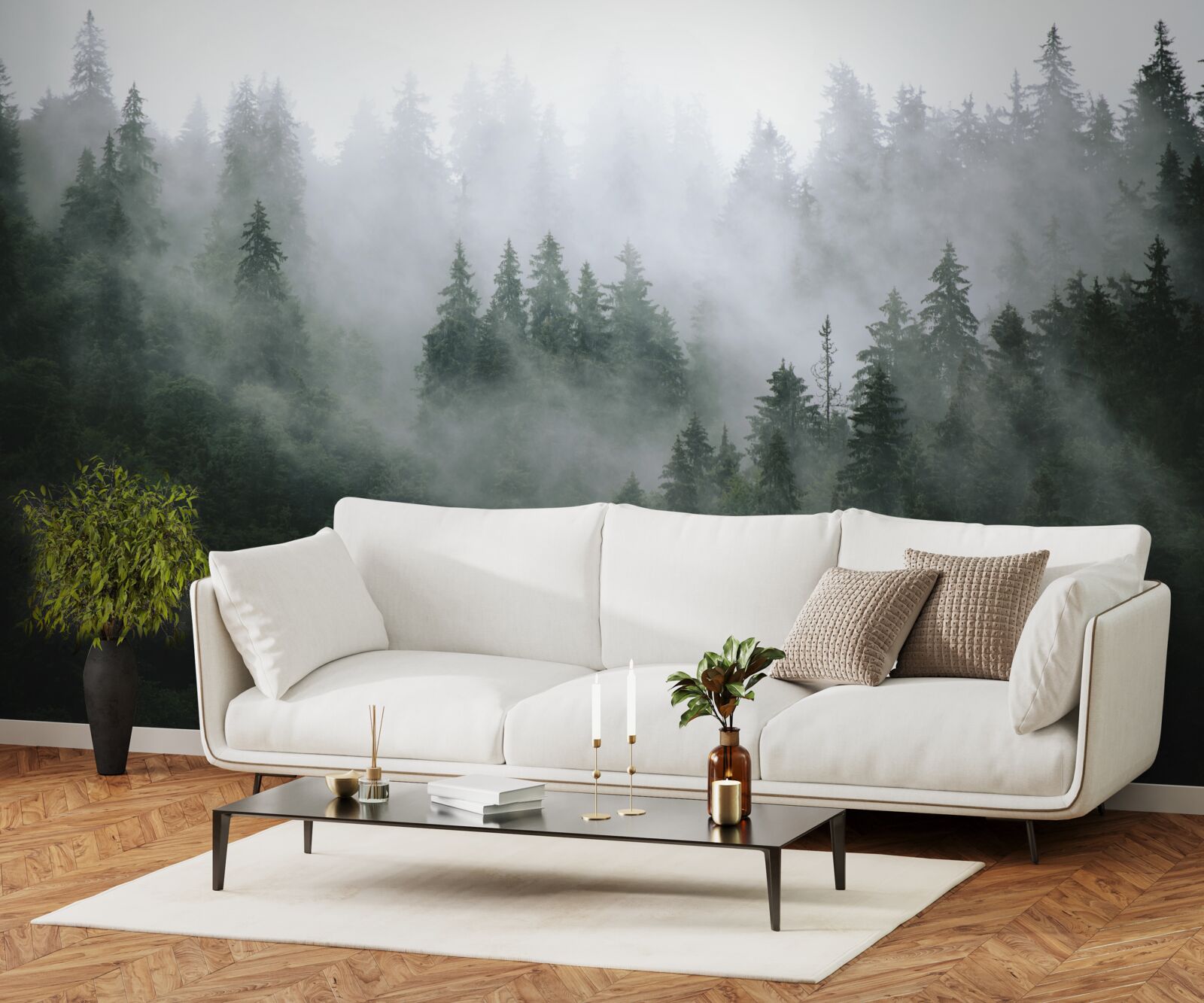 Papier peint lisière brumeuse d'une forêt de conifères