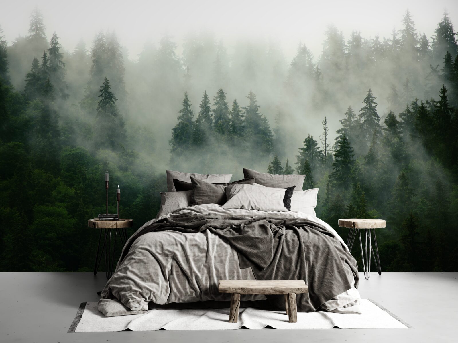 Papier peint l'obscurité entre les épicéas et les pins