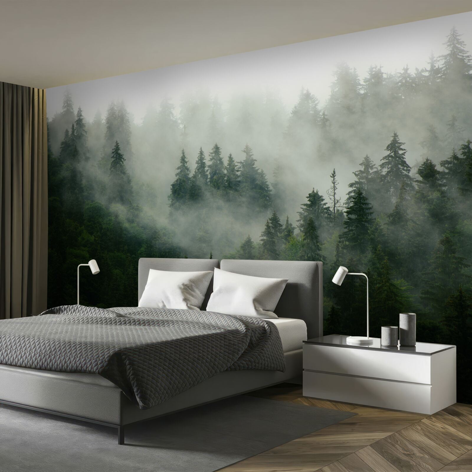 Papier peint l'obscurité entre les épicéas et les pins