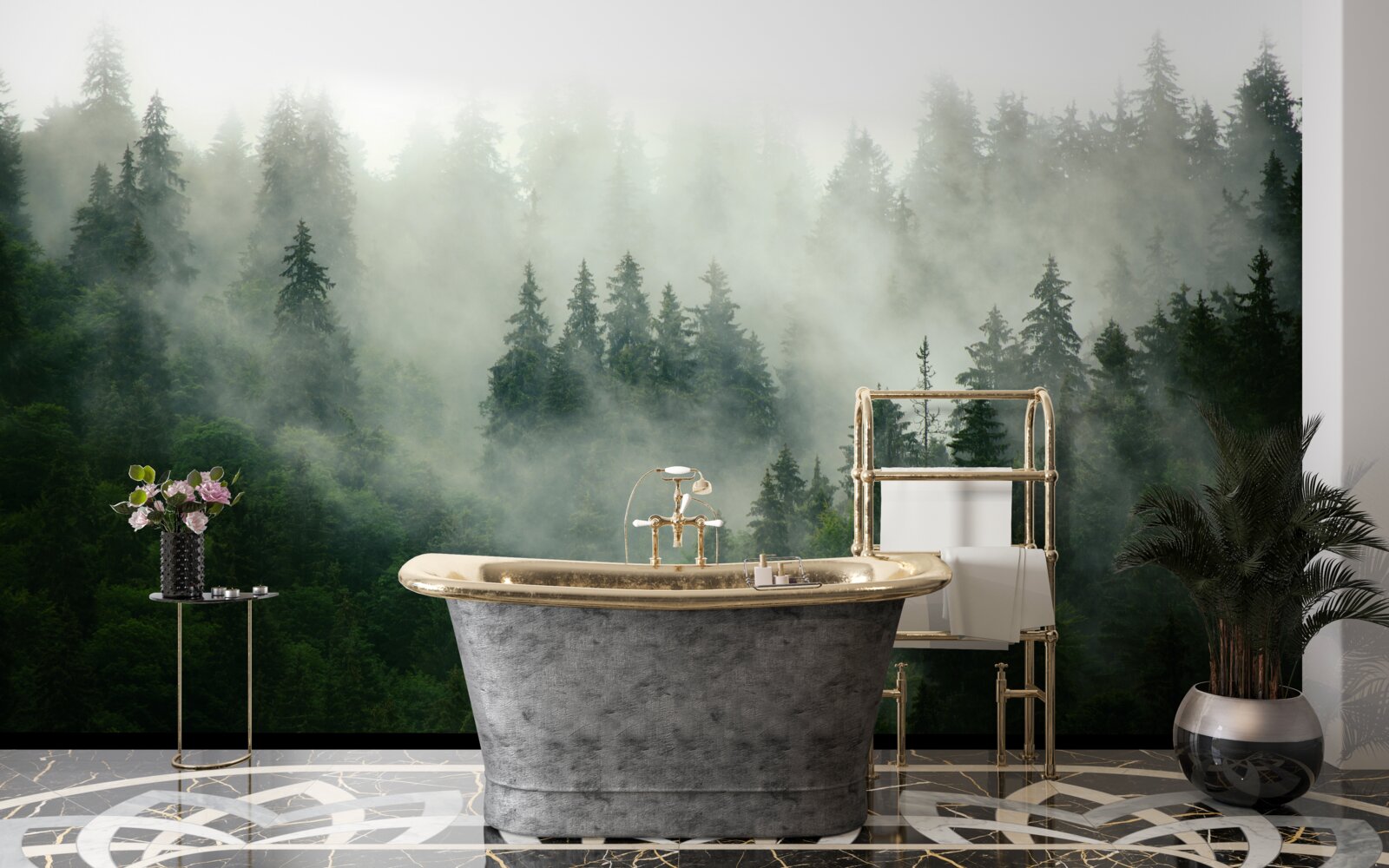 Papier peint l'obscurité entre les épicéas et les pins