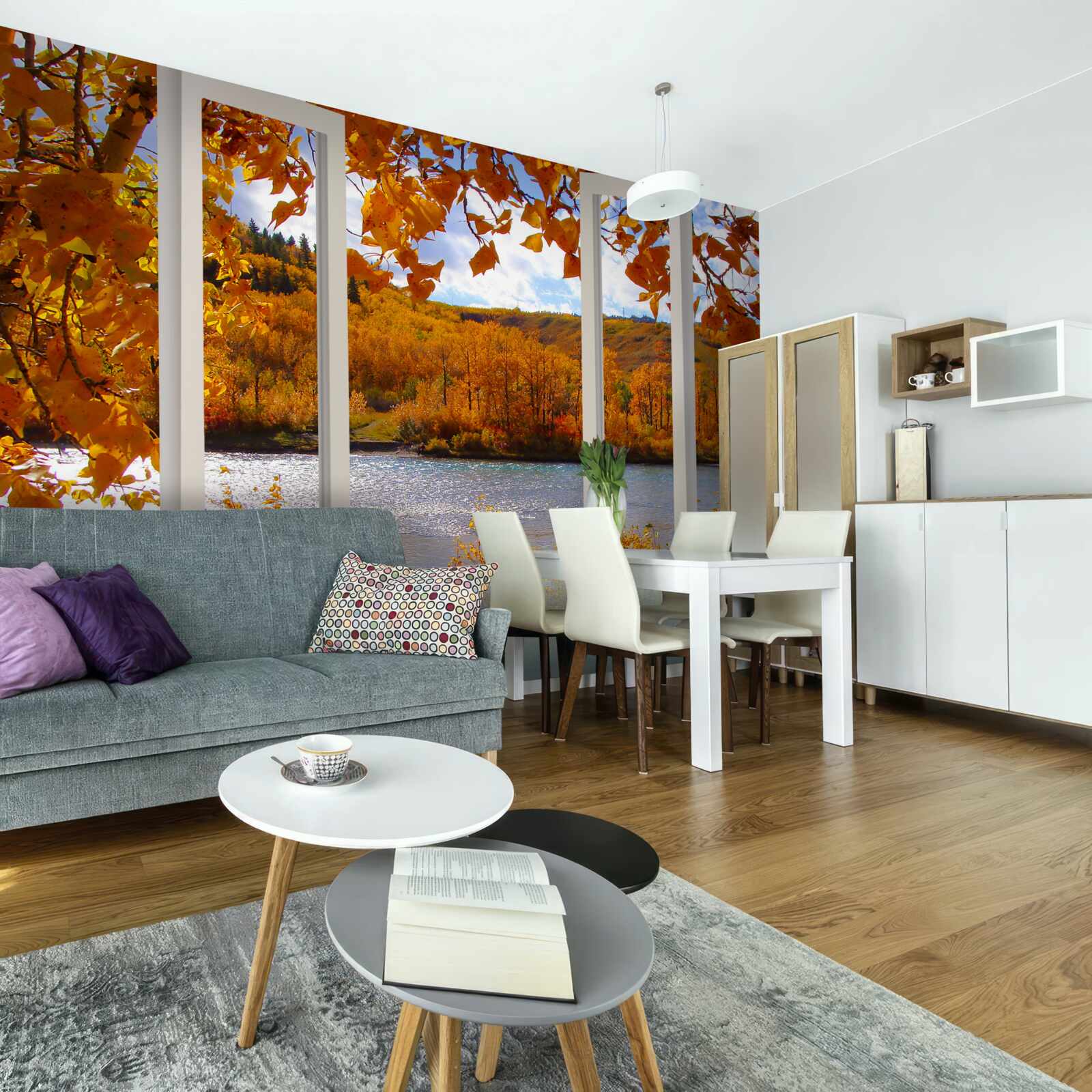 Papier peint vue sur la forêt d'automne depuis la fenêtre