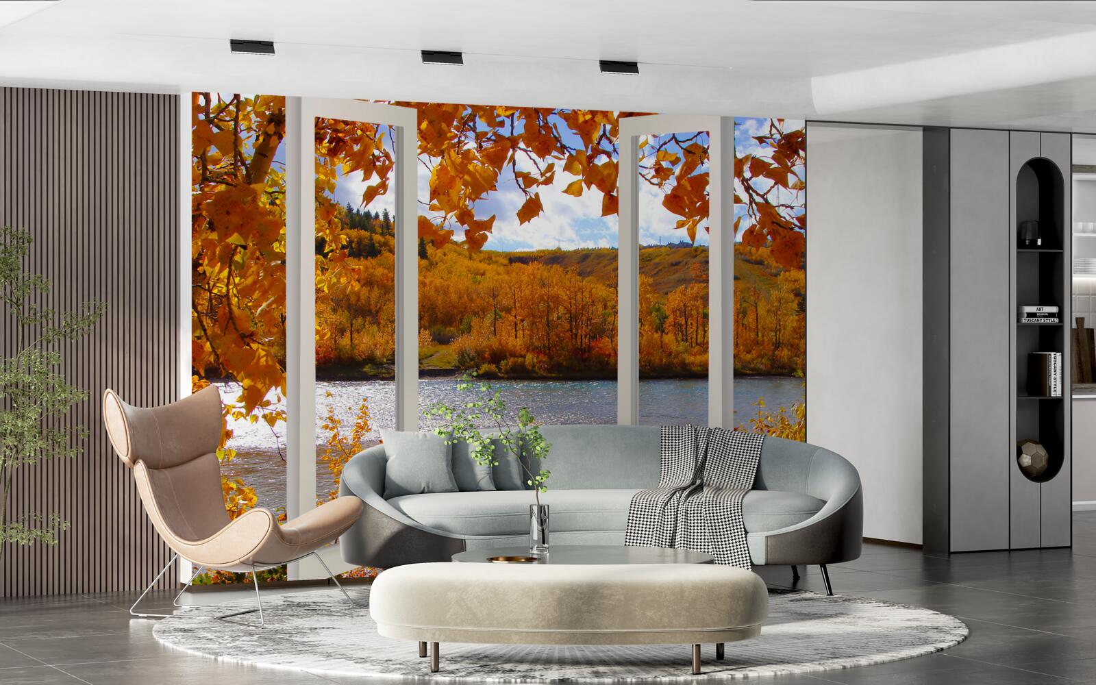 Papier peint vue sur la forêt d'automne depuis la fenêtre