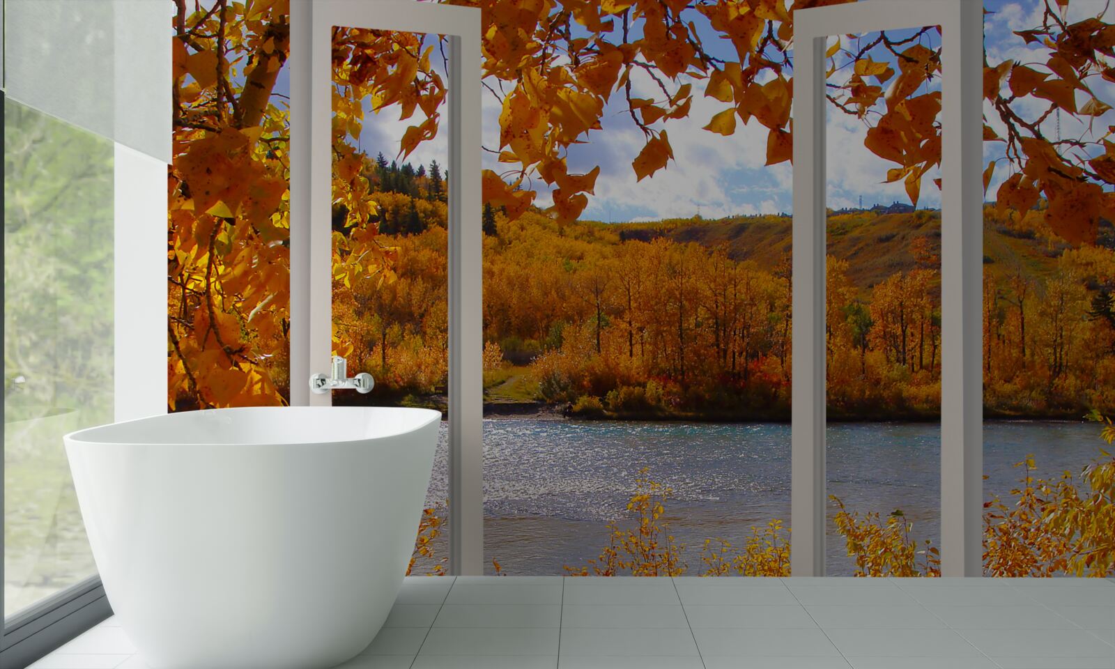 Papier peint vue sur la forêt d'automne depuis la fenêtre