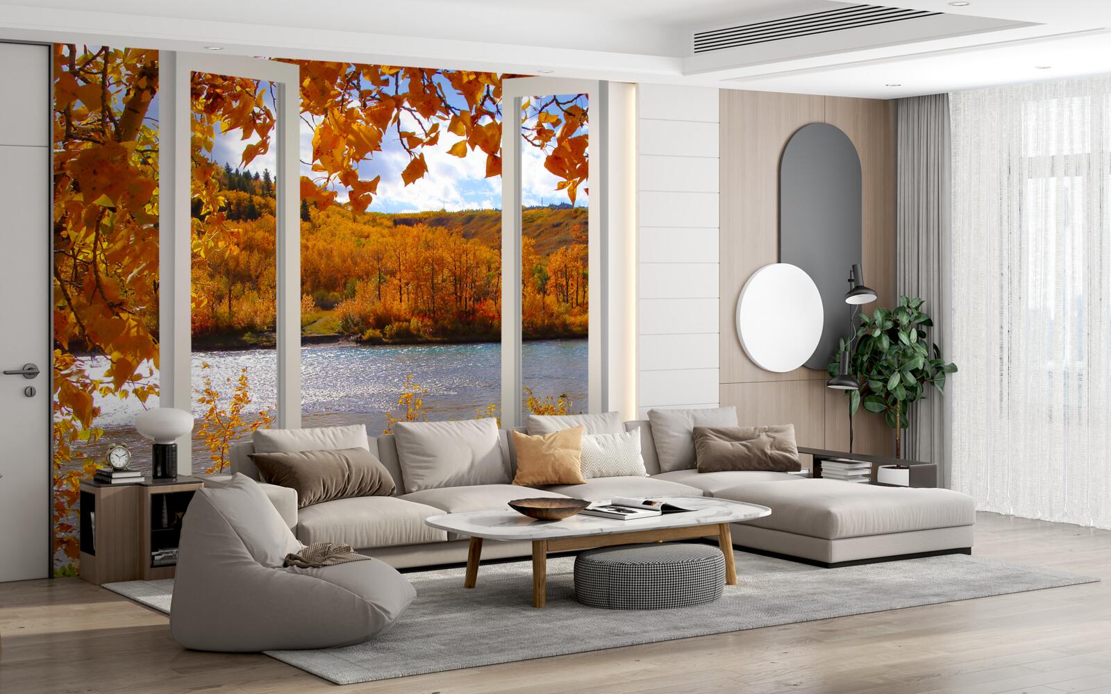 Papier peint vue sur la forêt d'automne depuis la fenêtre