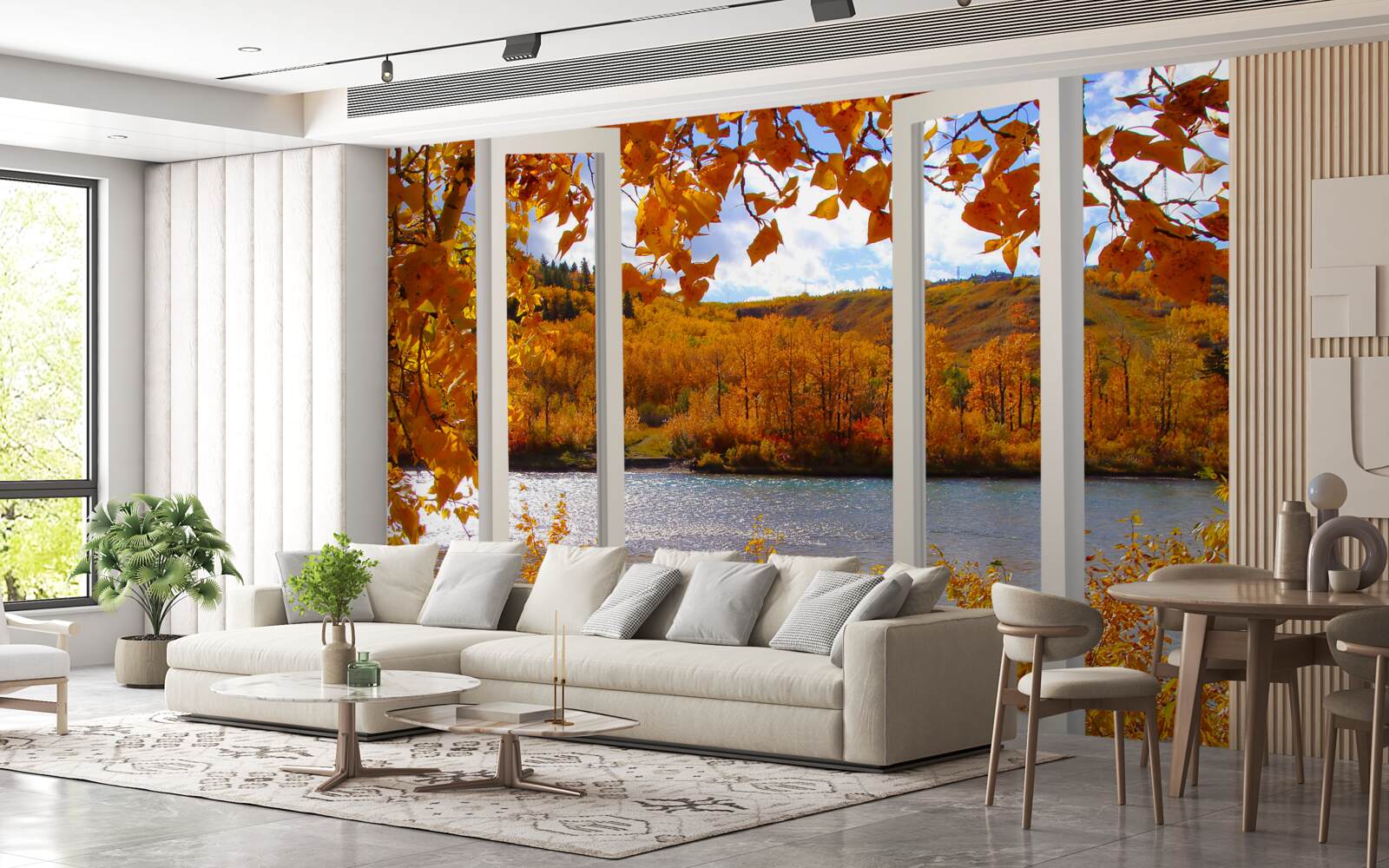 Papier peint vue sur la forêt d'automne depuis la fenêtre