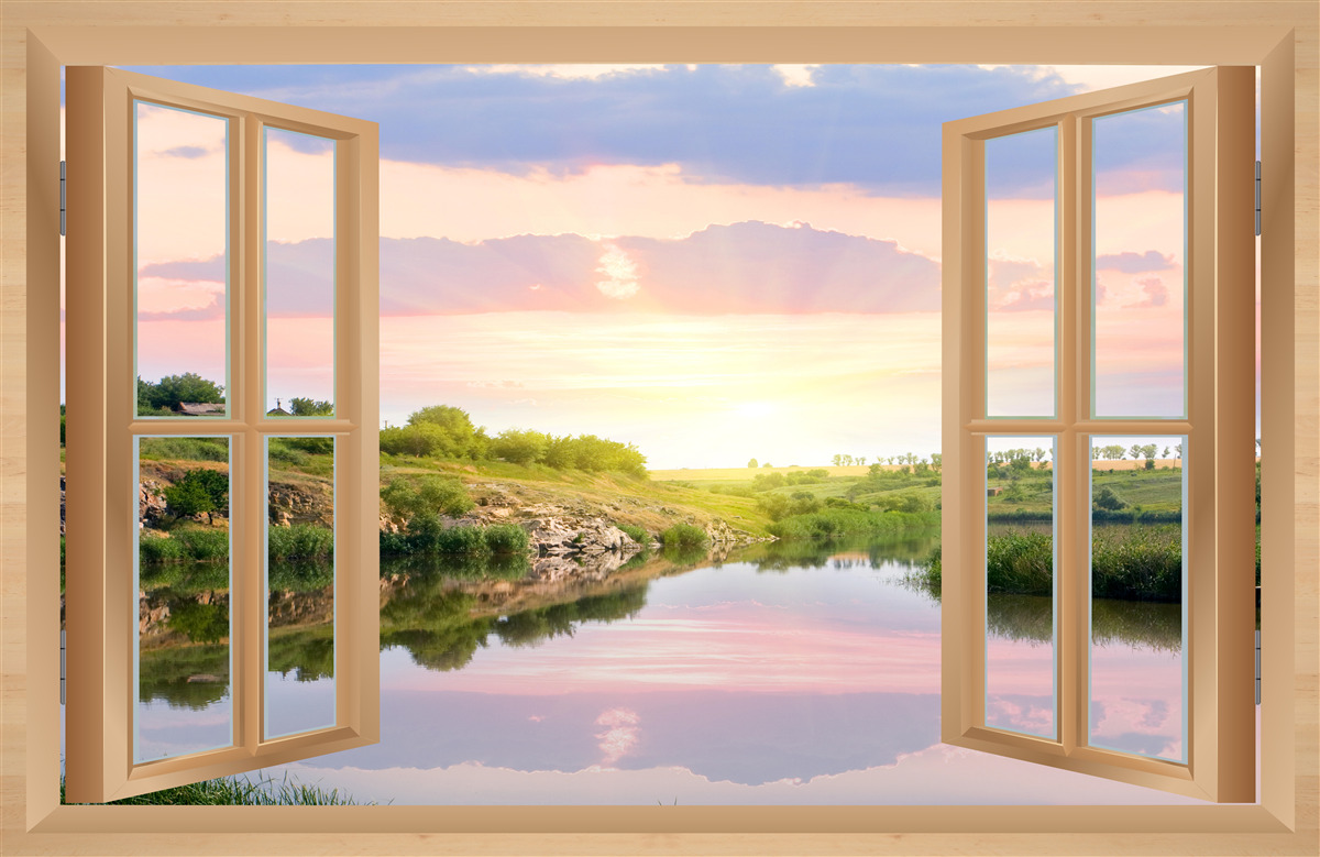 Papier peint vue de la fenêtre sur l'eau calme et les prairies verdoyantes