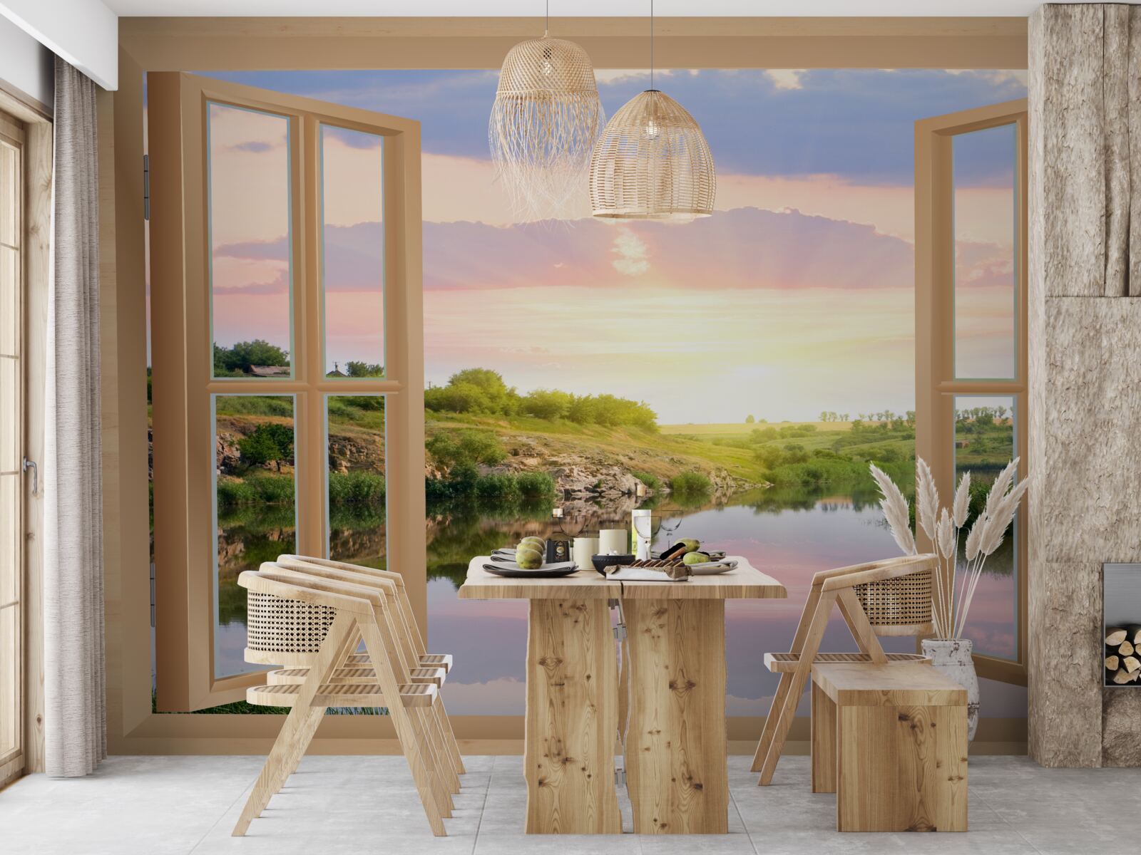 Papier peint vue de la fenêtre sur l'eau calme et les prairies verdoyantes