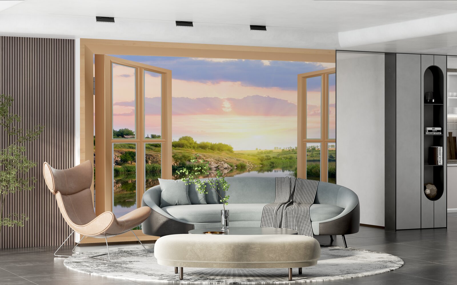 Papier peint vue de la fenêtre sur l'eau calme et les prairies verdoyantes