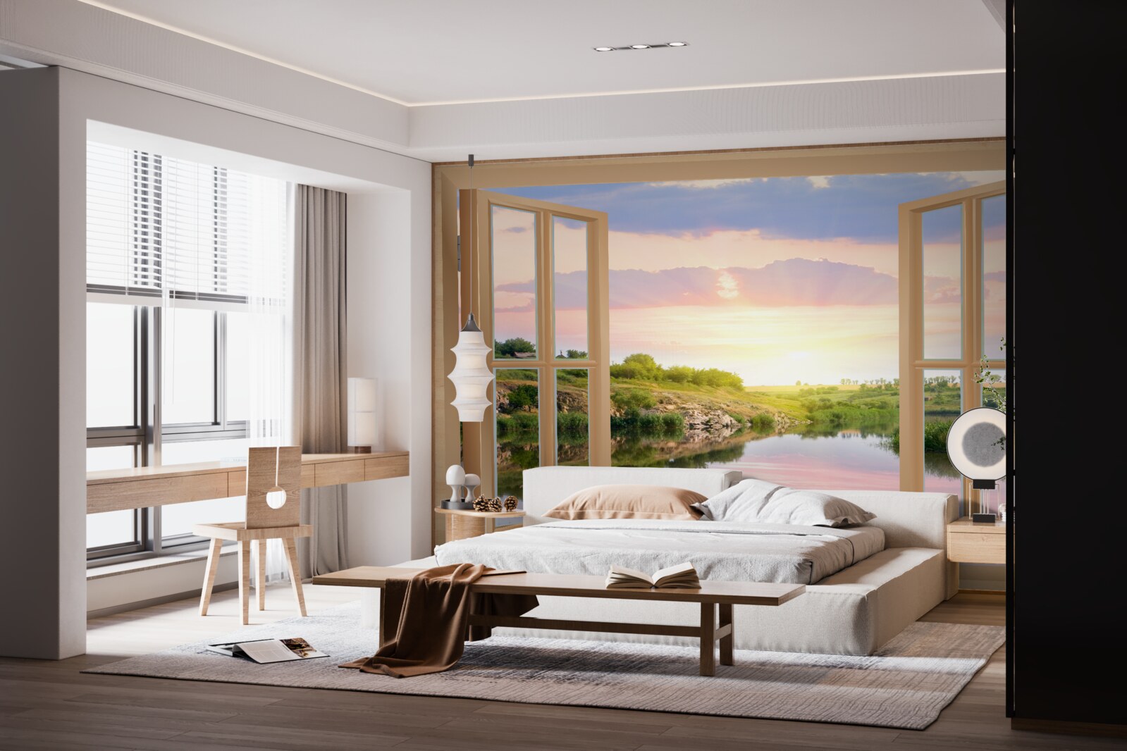 Papier peint vue de la fenêtre sur l'eau calme et les prairies verdoyantes