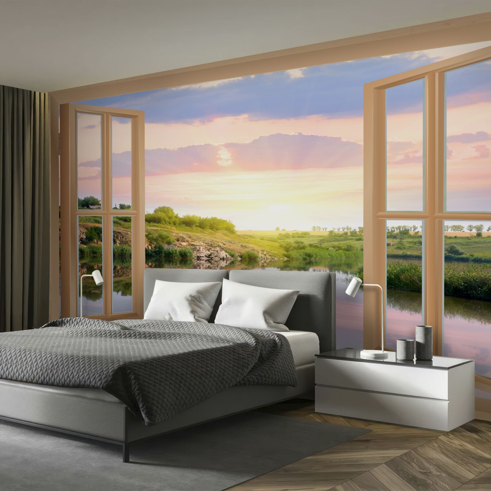 Papier peint vue de la fenêtre sur l'eau calme et les prairies verdoyantes