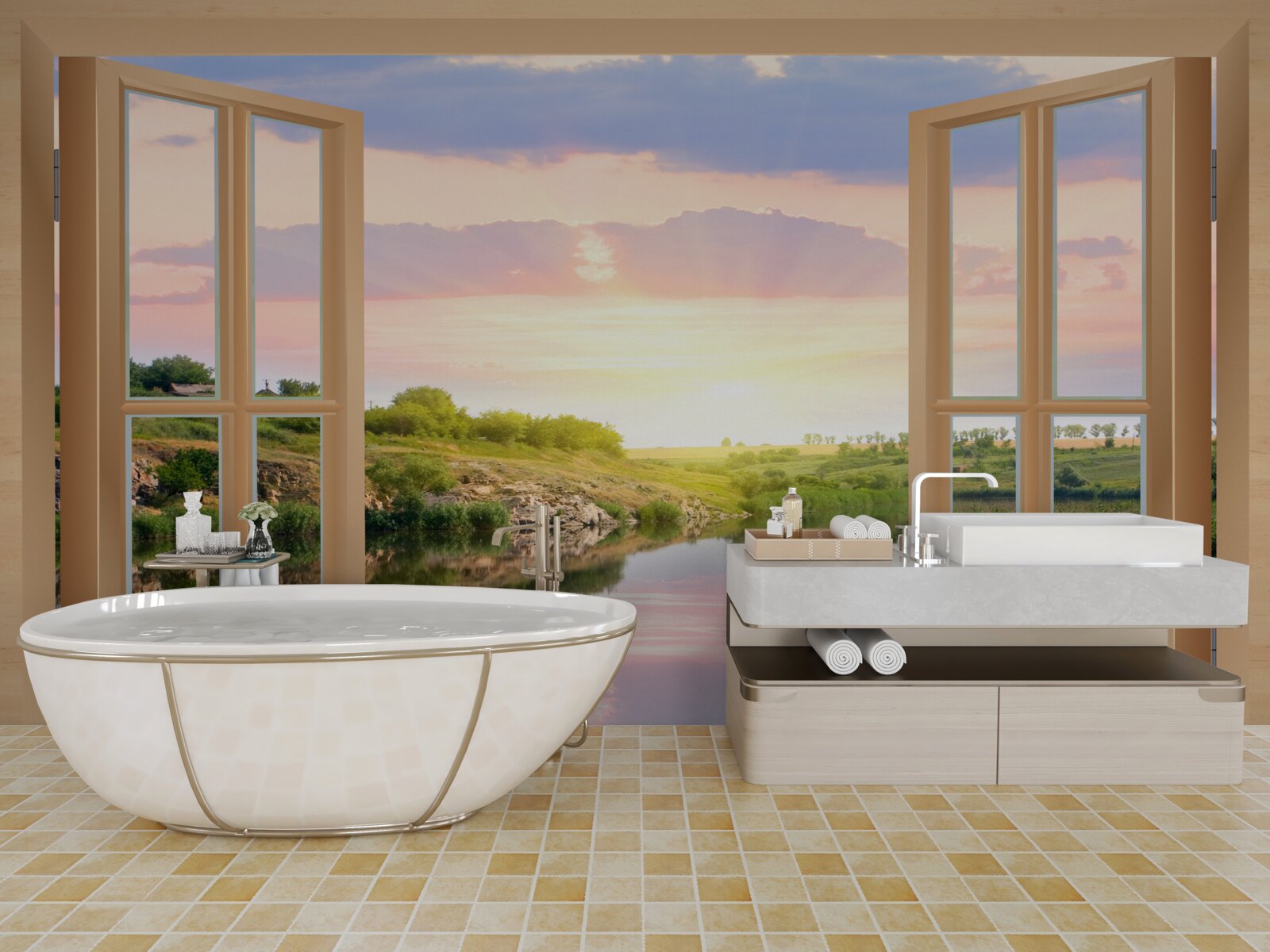 Papier peint vue de la fenêtre sur l'eau calme et les prairies verdoyantes