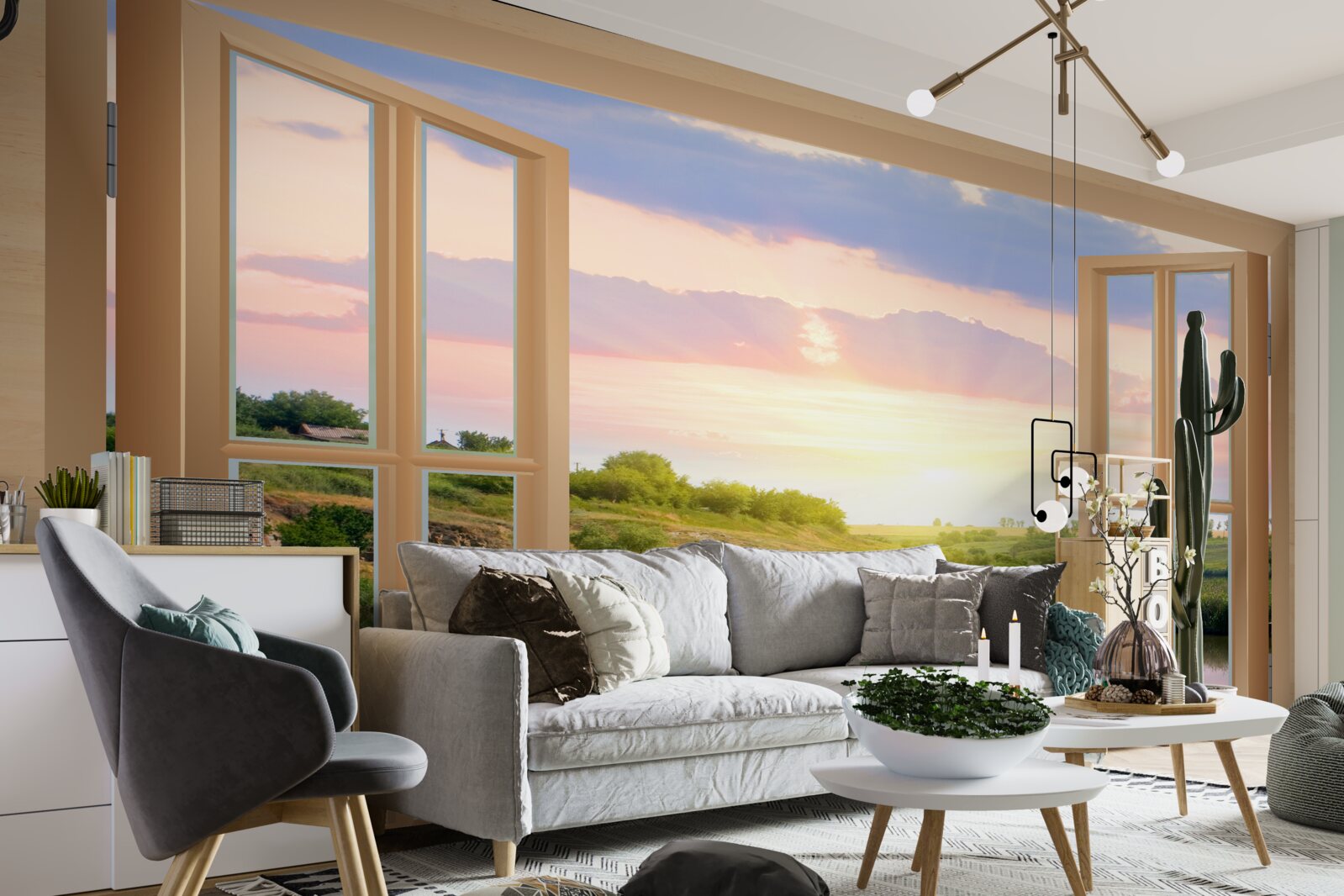 Papier peint vue de la fenêtre sur l'eau calme et les prairies verdoyantes