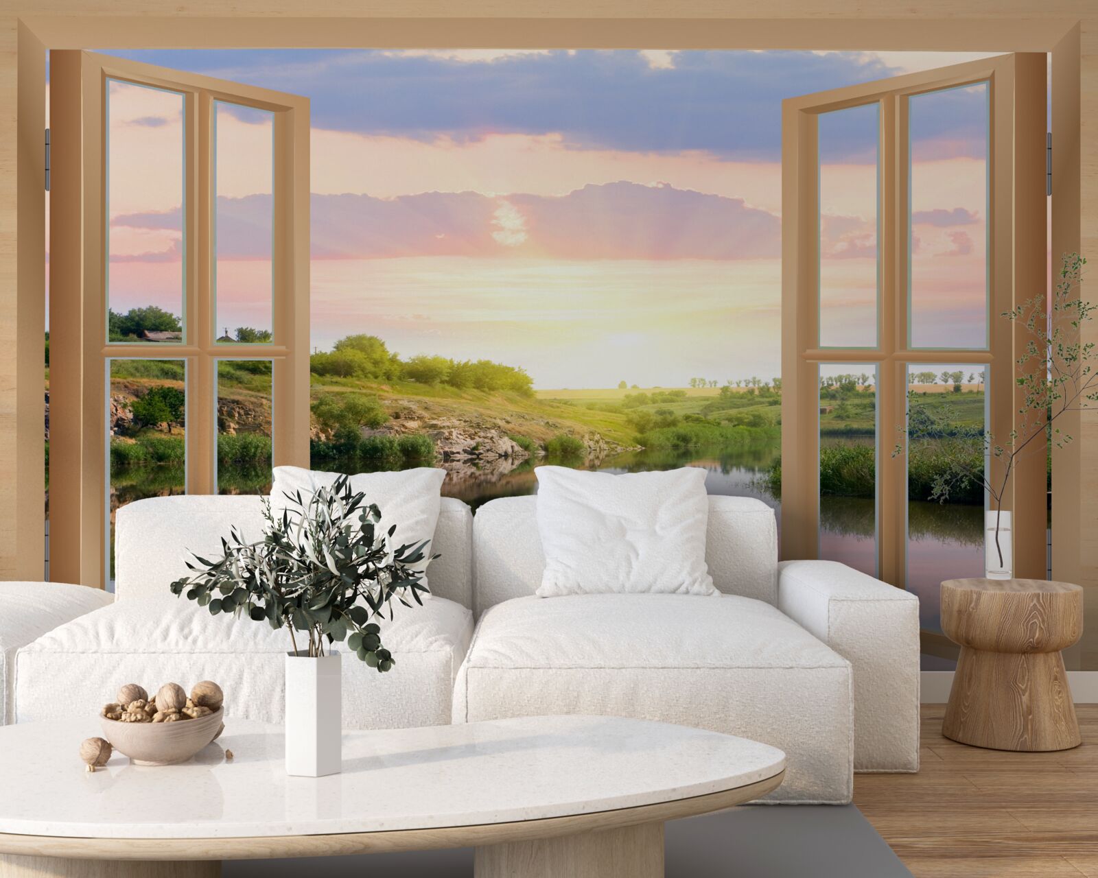 Papier peint vue de la fenêtre sur l'eau calme et les prairies verdoyantes