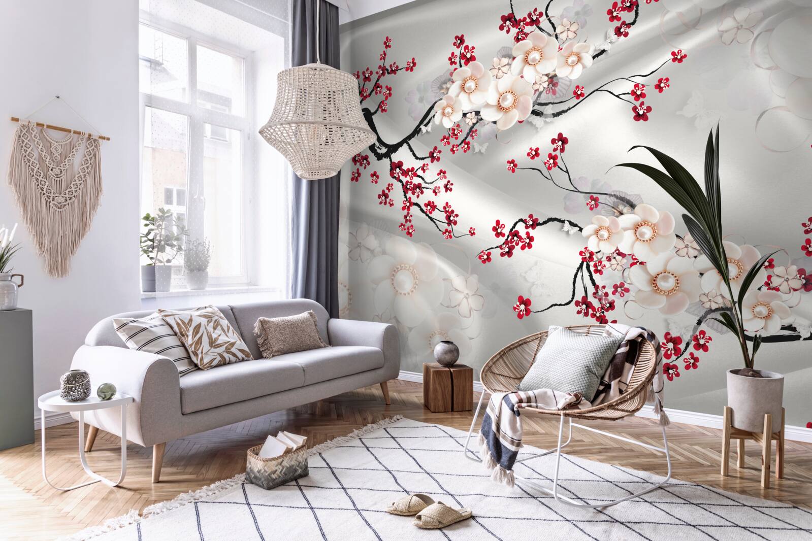 Papier peint les fleurs s'épanouissent sur les branches du sakura rouge