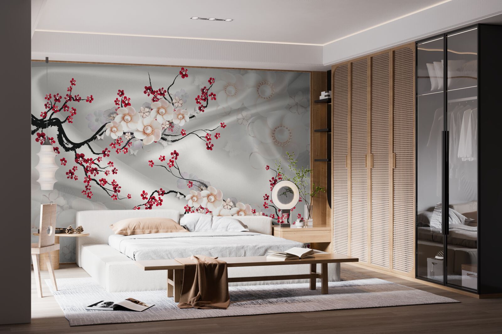 Papier peint les fleurs s'épanouissent sur les branches du sakura rouge