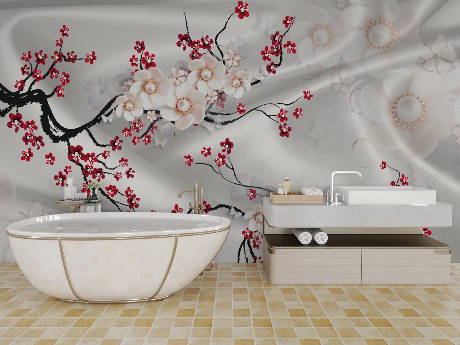 Papier peint les fleurs s'épanouissent sur les branches du sakura rouge