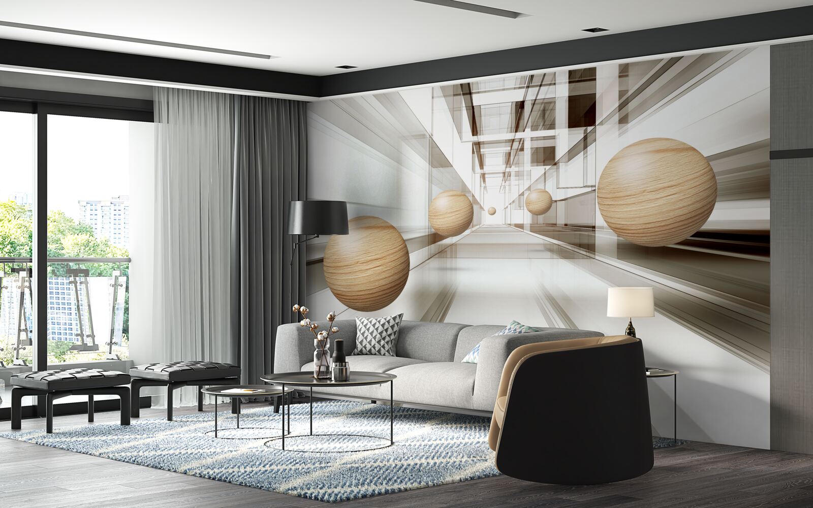 Papier peint les boules de bois se précipitent dans l'infini