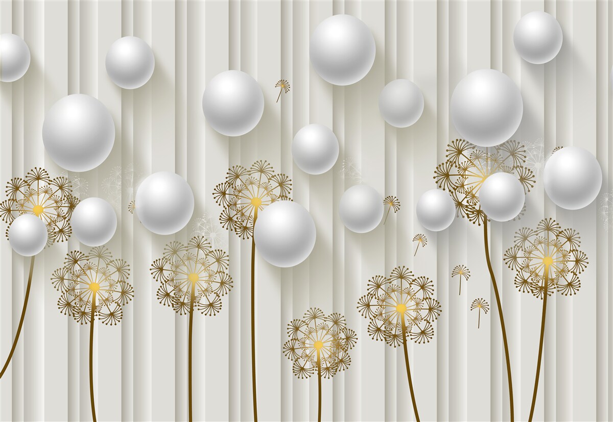 Papier peint des bourgeons dorés et des perles blanches flottent dans l'air