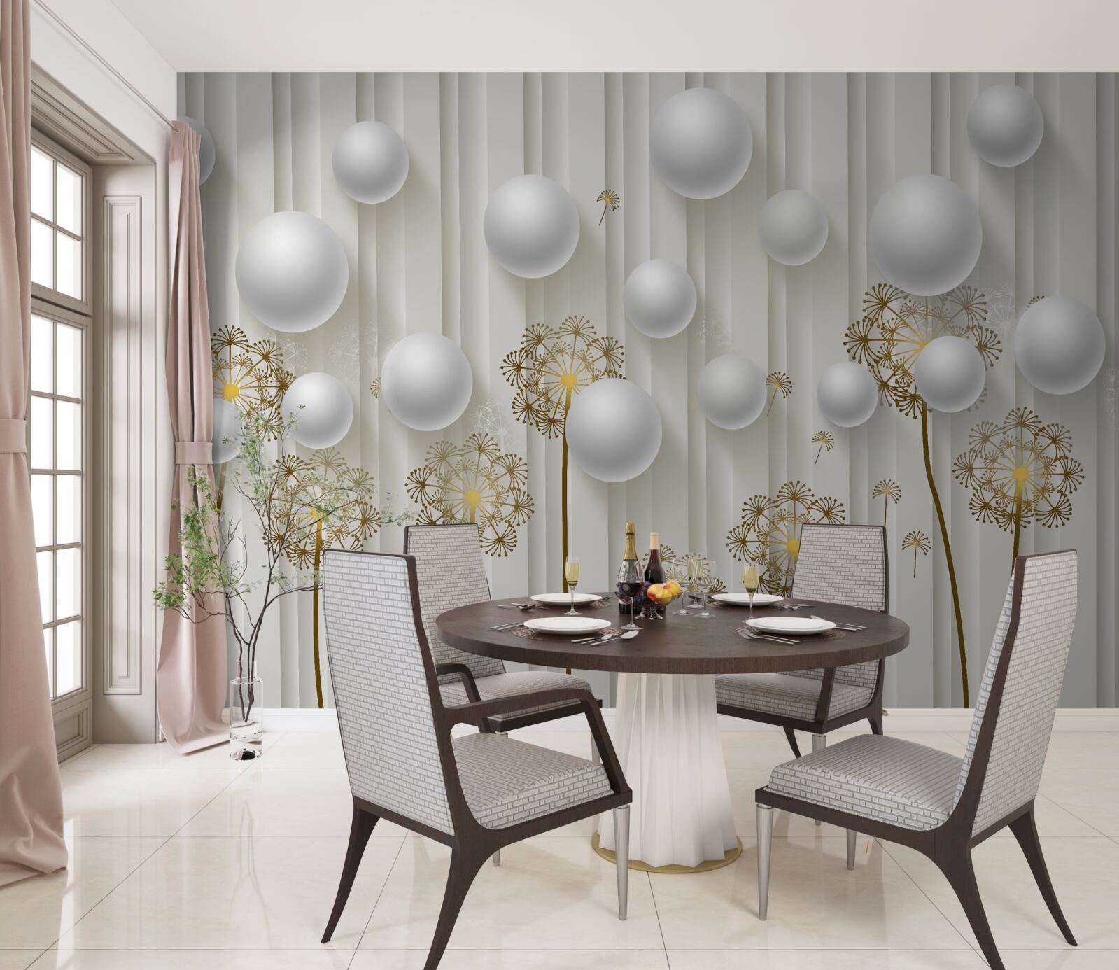 Papier peint des bourgeons dorés et des perles blanches flottent dans l'air