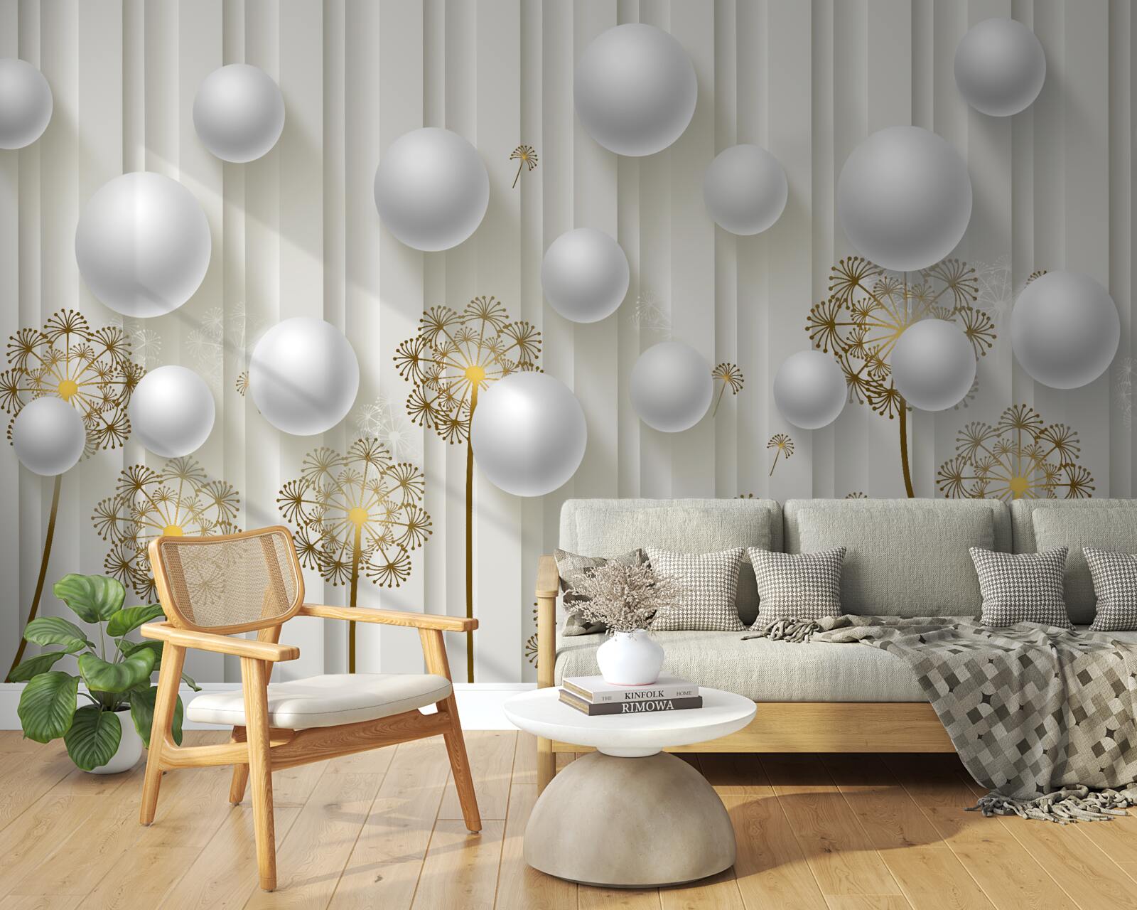 Papier peint des bourgeons dorés et des perles blanches flottent dans l'air