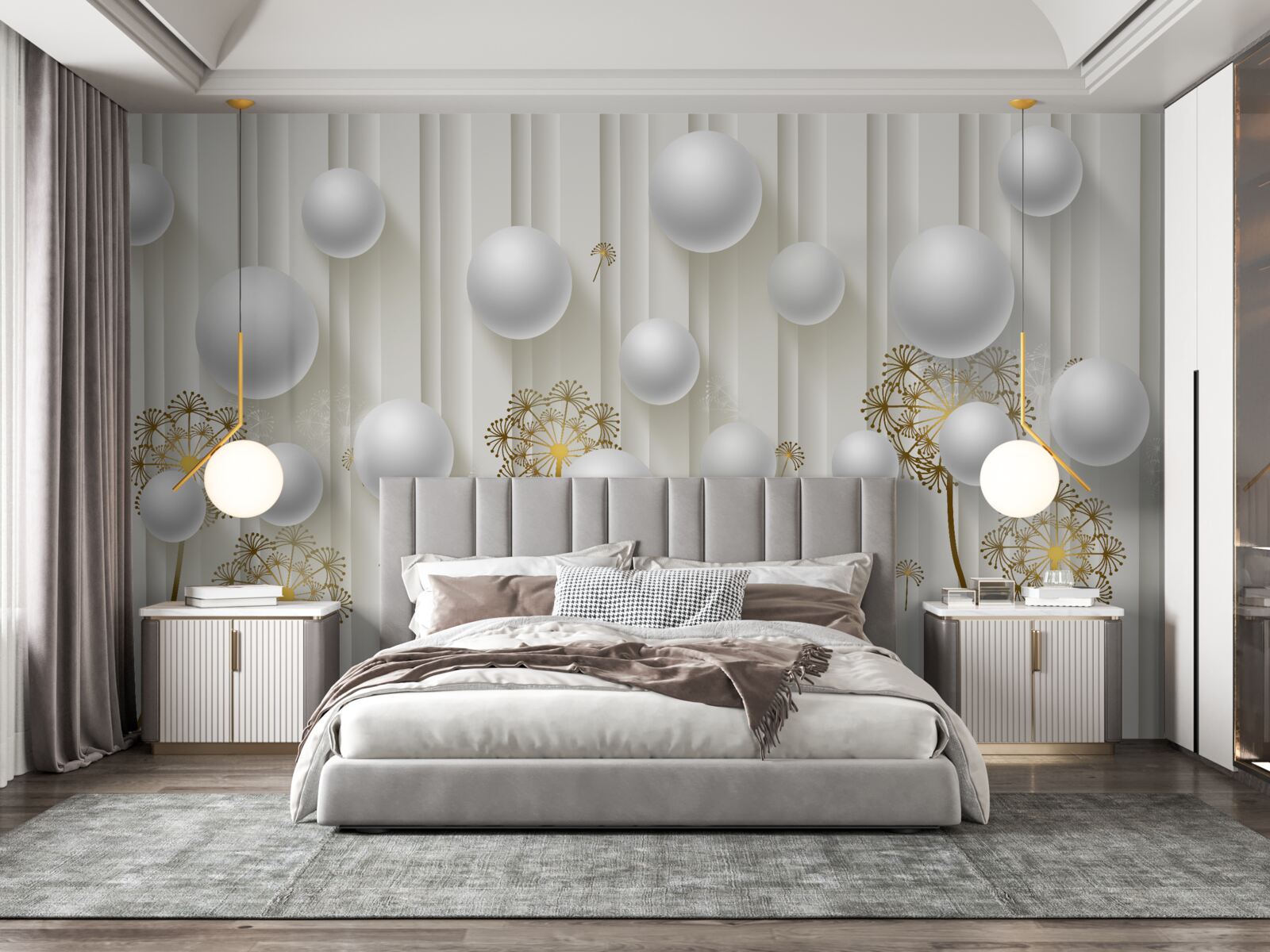 Papier peint des bourgeons dorés et des perles blanches flottent dans l'air