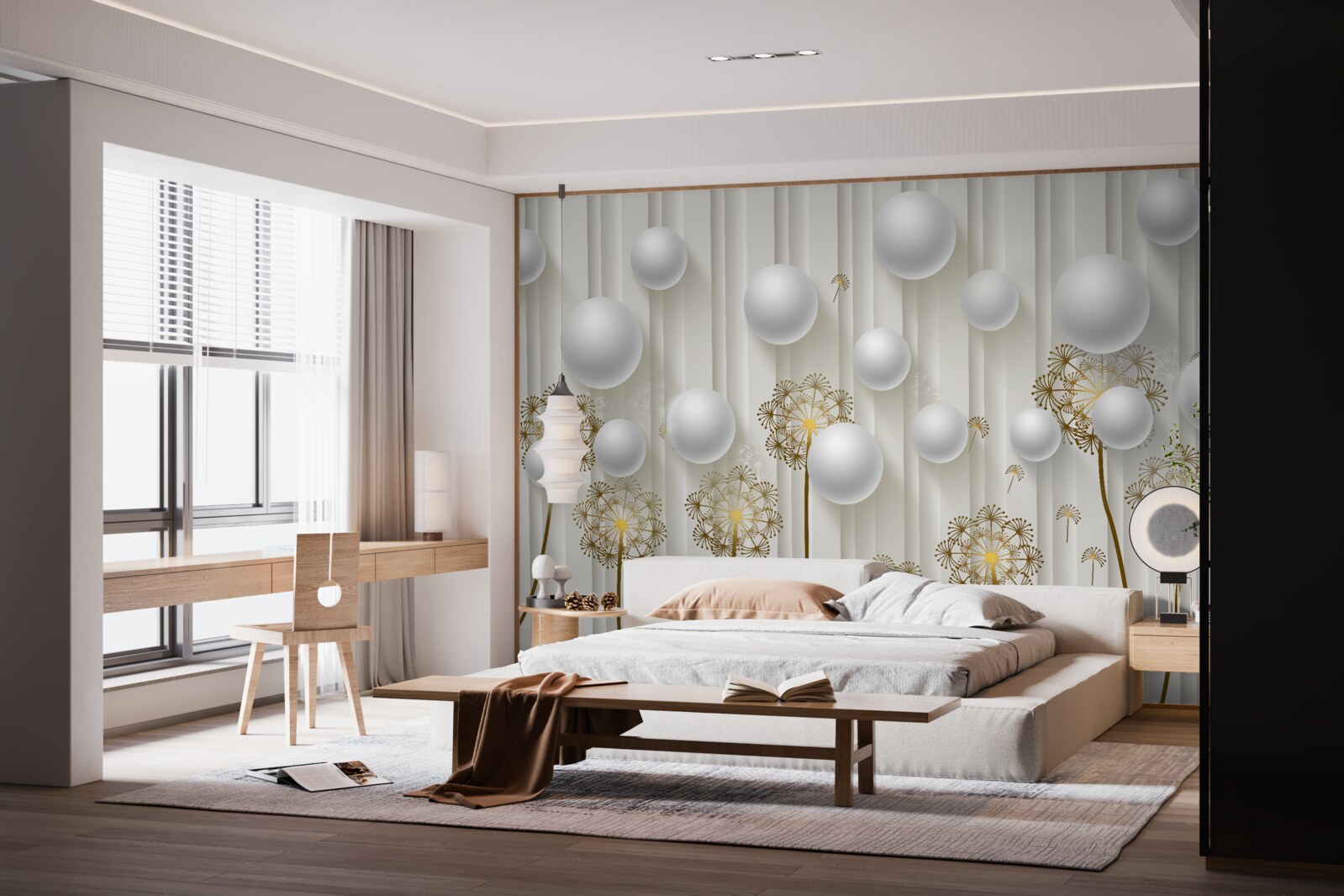 Papier peint des bourgeons dorés et des perles blanches flottent dans l'air