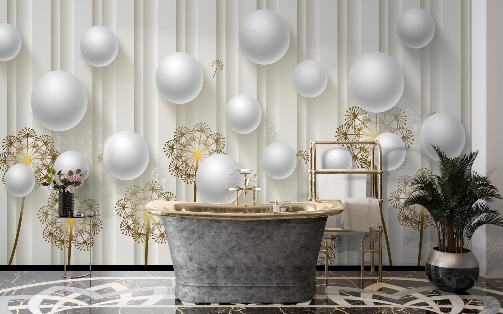 Papier peint des bourgeons dorés et des perles blanches flottent dans l'air