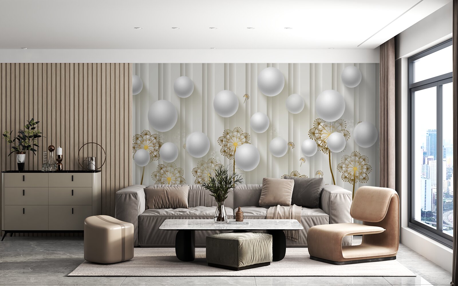 Papier peint des bourgeons dorés et des perles blanches flottent dans l'air