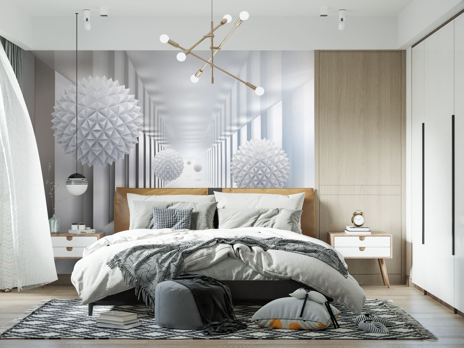 Papier peint tunnel rectangulaire et sphère en perspective de profondeur