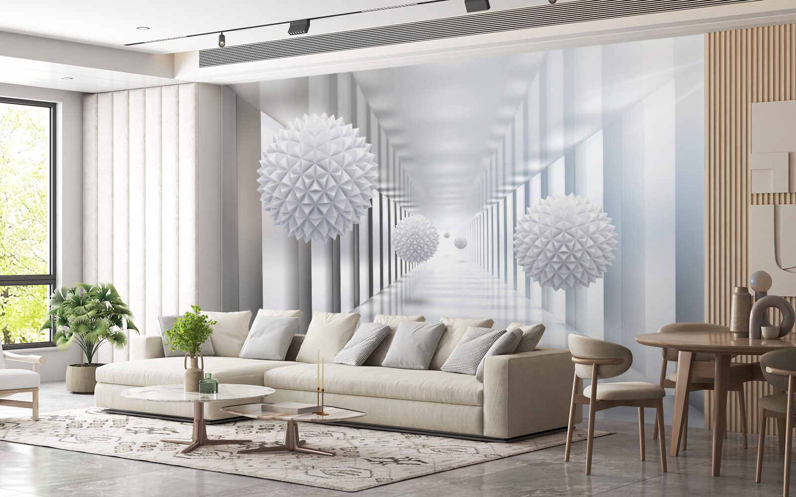 Papier peint tunnel rectangulaire et sphère en perspective de profondeur