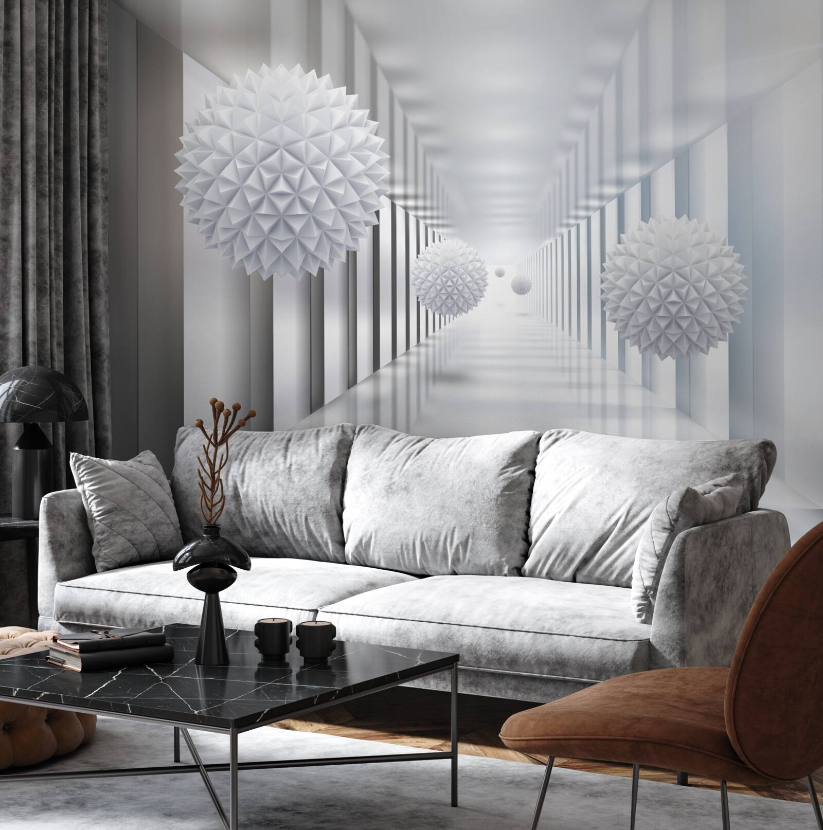 Papier peint tunnel rectangulaire et sphère en perspective de profondeur