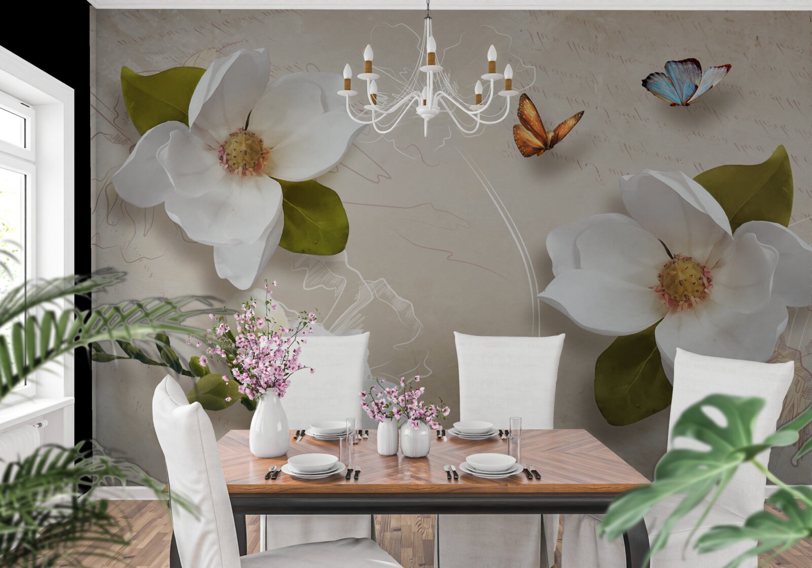 Papier peint les lotus d'été sont blancs et ornés de papillons