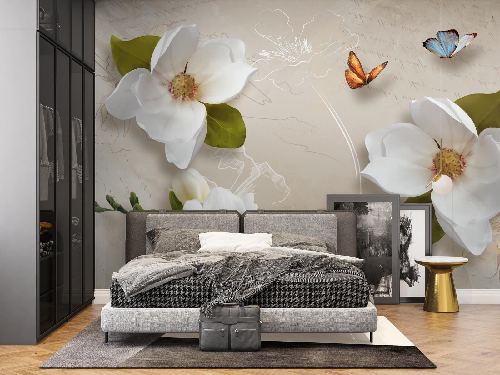 Papier peint les lotus d'été sont blancs et ornés de papillons